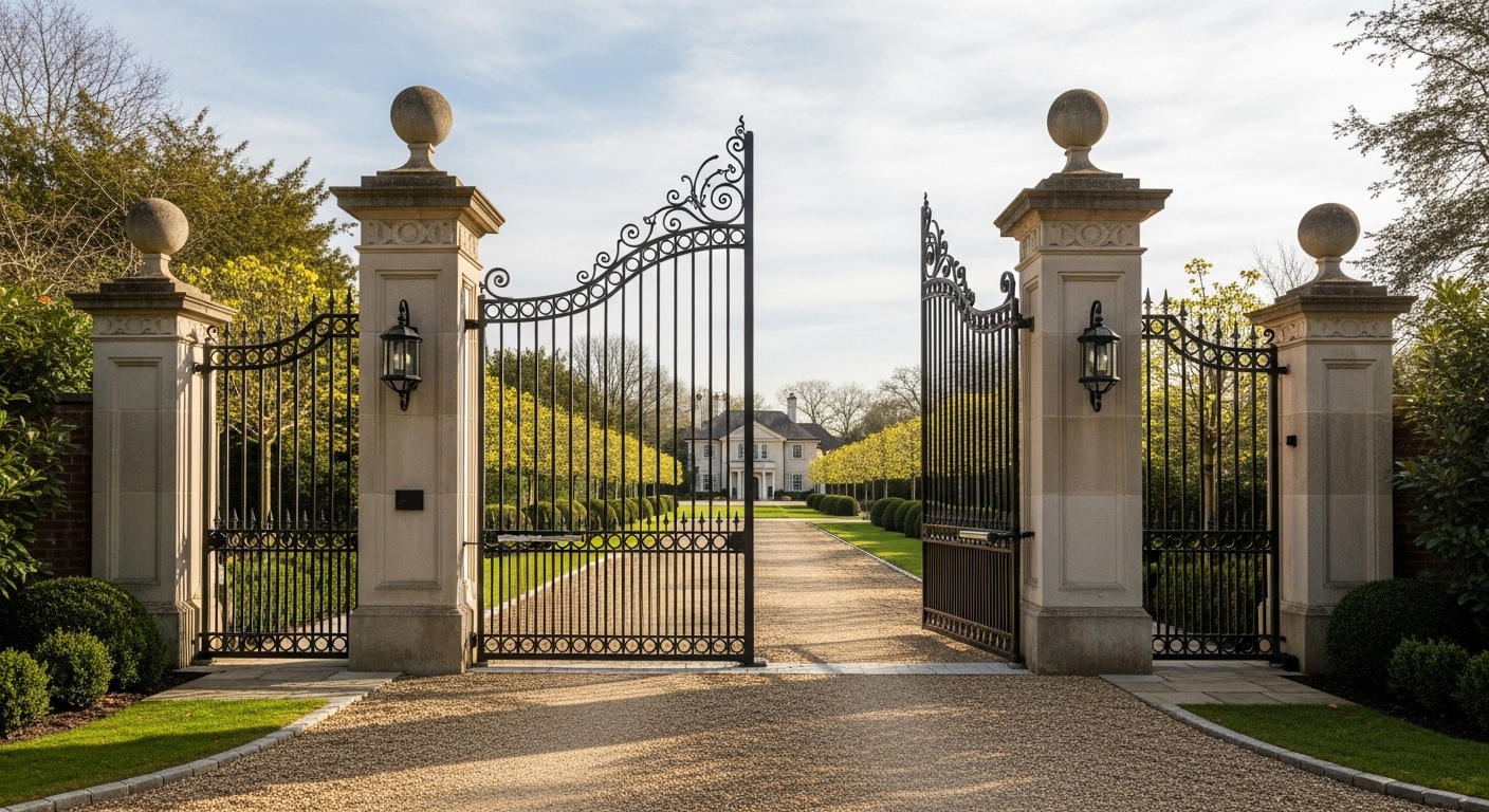 Ornate wrought iron driveway gates open on an Surrey estate